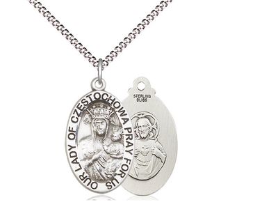 Sterling Silver O.L. of Czestochowa on a 18&quot; Light Rhodium Light Curb Chain