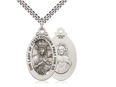 Sterling Silver Our Lady of Czestochowa on a 24&quot; Light Rhod. Heavy Curb Chain Disc.