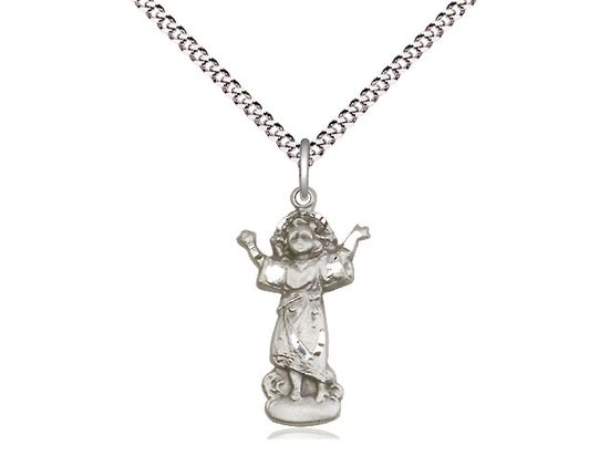 Sterling Silver Divino Nino Pendant on a 18&quot; Light Rhodium Light Curb Chain Disc.