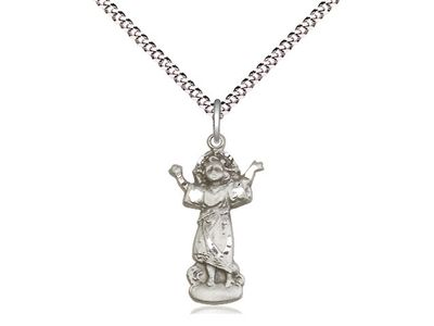 Sterling Silver Divino Nino Pendant on a 18&quot; Light Rhodium Light Curb Chain Disc.