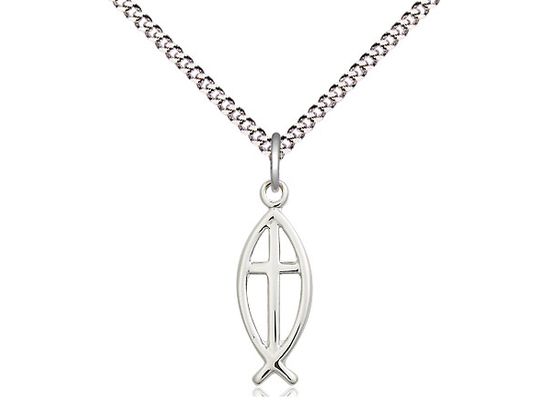 Sterling Silver Fish Cross Pendant on a 18&quot; Light Rhodium Light Curb Chain