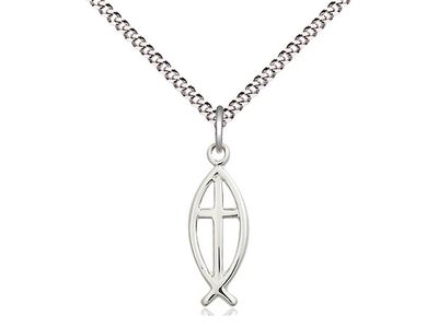Sterling Silver Fish Cross Pendant on a 18&quot; Light Rhodium Light Curb Chain