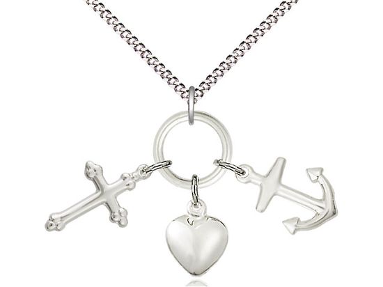 Sterling Silver Faith, Hope &amp; Charity Pendant on a 18&quot; Light Rhodium Light Curb Chain