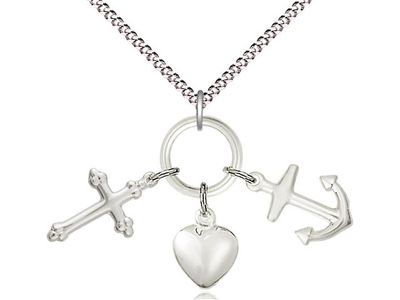 Sterling Silver Faith, Hope &amp; Charity Pendant on a 18&quot; Light Rhodium Light Curb Chain
