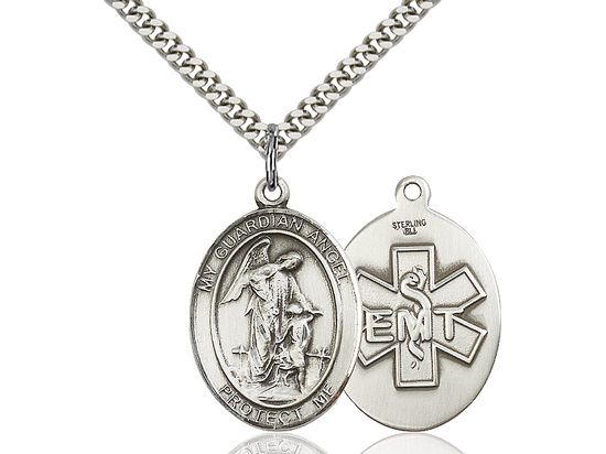 Sterling Silver Guardian Angel EMT on a 24&quot; Light Rhodium Heavy Curb Chain Disc.