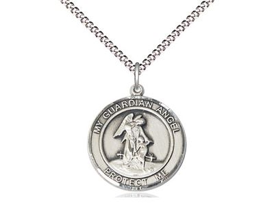 Sterling Silver Guardian Angel on a 18&quot; Light Rhodium Light Curb Chain