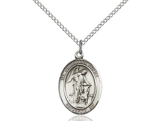 Sterling Silver Oval Guardian Angel Pendant on a 18&quot; Light Rhodium Light Curb Chain