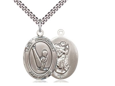 Sterling Silver St Christopher Gymnastics Medal on a 24&quot; Endless Light Rhodium Heavy Curb Chain Disc.
