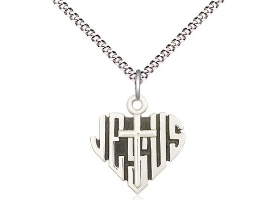 Sterling Silver Heart of Jesus w/Cross Pendant on a 18&quot; Light Rhodium Light Curb Chain
