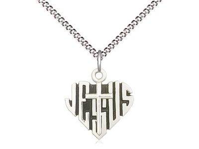 Sterling Silver Heart of Jesus w/Cross Pendant on a 18&quot; Light Rhodium Light Curb Chain