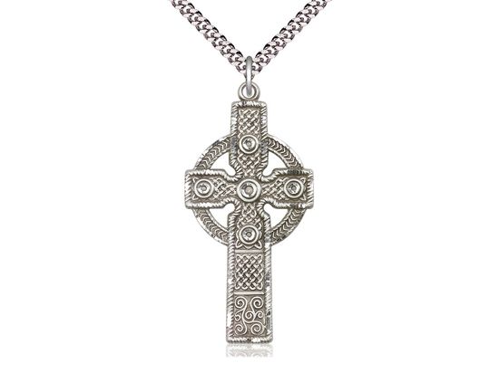 Sterling Silver Kilklispeen Cross Pendant on a 24&quot; Light Rhodium Heavy Curb Chain
