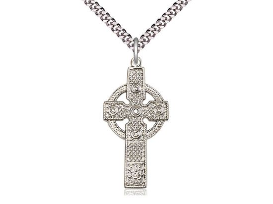 Sterling Silver Kilklispeen Cross on a 24&quot; Light Rhodium Heavy Curb Chain