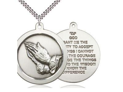 Sterling Silver Praying Hand Pendant on a 24&quot; Light Rhodium Heavy Curb Chain