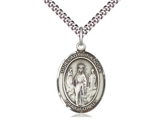 Sterling Silver Our Lady of Knock Pendant on a 24&quot; Light Rhodium Heavy Curb Chain