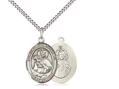 Sterling Silver O.L. of Mount Carmel on a 18&quot;  Light Rhodium Light Curb Chain Disc.
