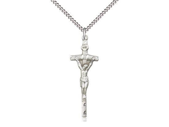 Sterling Silver Papal Crucifix Pendant on a 18&quot; Light Rhodium Light Curb Chain