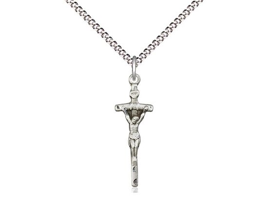 Sterling Silver Papal Crucifix on a 18&quot; Light Rhodium Light Curb Chain Disc.