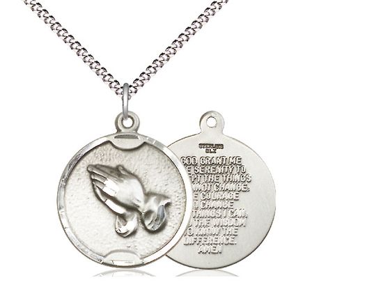 Sterling Silver Praying Hands Pendant on a 18&quot; Light Rhodium Light Curb Chain
