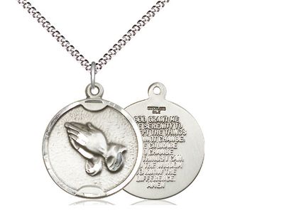 Sterling Silver Praying Hands Pendant on a 18&quot; Light Rhodium Light Curb Chain