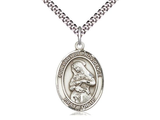 Sterling Silver O.L. of Providence Pendant on a 24&quot; Light Rhodium Heavy Curb Chain Disc.