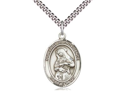 Sterling Silver O.L. of Providence Pendant on a 24&quot; Light Rhodium Heavy Curb Chain Disc.