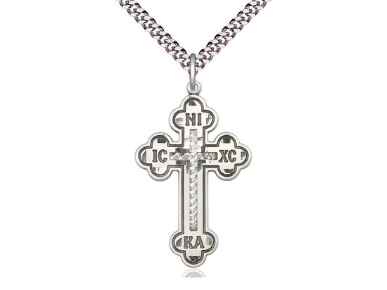 Sterling Silver Russian Cross on a 24&quot; Light Rhodium Heavy Curb Chain
