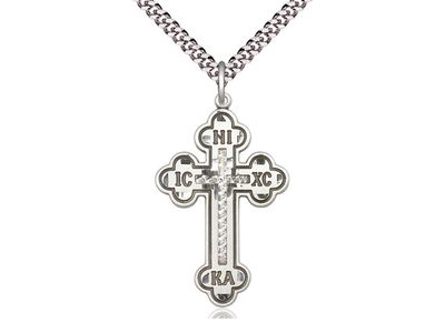 Sterling Silver Russian Cross on a 24&quot; Light Rhodium Heavy Curb Chain