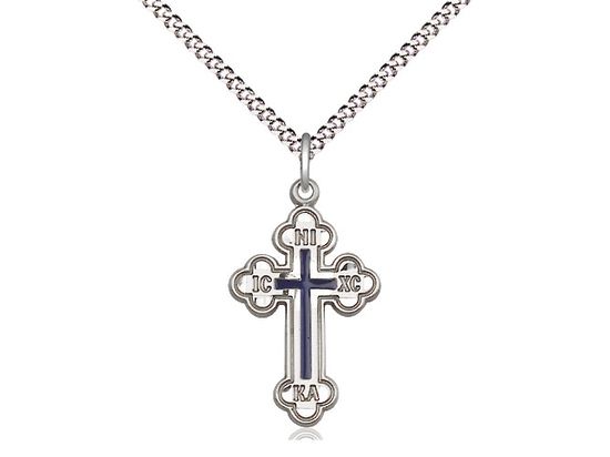 Sterling Silver Russian Cross Pendant on a 18&quot; Light Rhodium Light Curb Chain