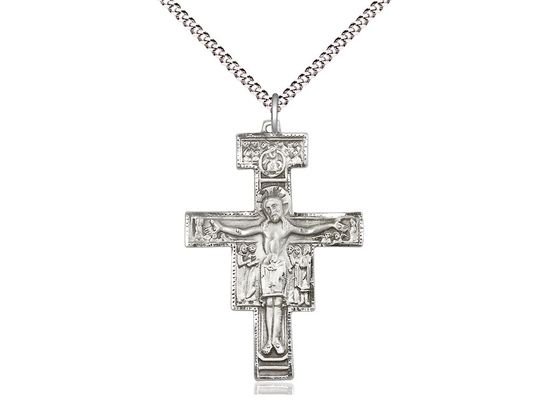 Sterling Silver San Damiano Crucifix Pendant on a 18&quot; Light Rhodium Light Curb Chain