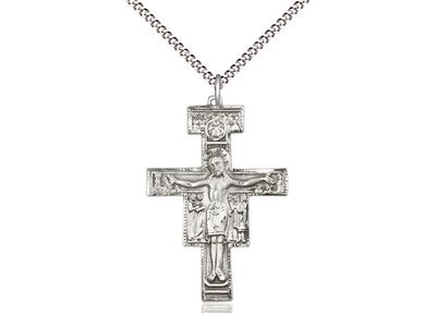 Sterling Silver San Damiano Crucifix Pendant on a 18&quot; Light Rhodium Light Curb Chain