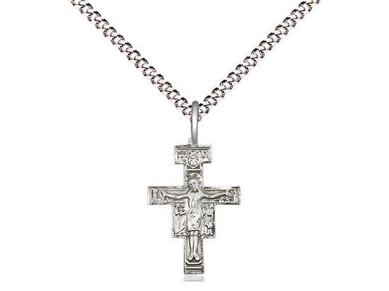 Sterling Silver San Damiano Crucifix on a 18&quot; Light Rhodium Light Curb Chain