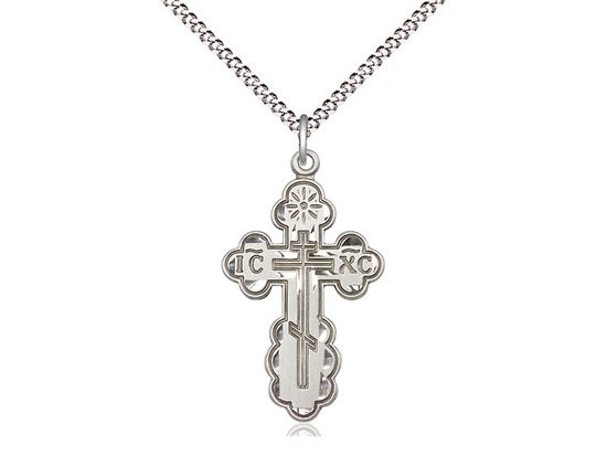 Sterling Silver St Olga Cross Pendant on a 18&quot; Light Rhodium Light Curb Chain