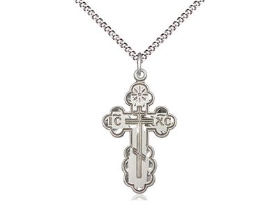 Sterling Silver St Olga Cross Pendant on a 18&quot; Light Rhodium Light Curb Chain