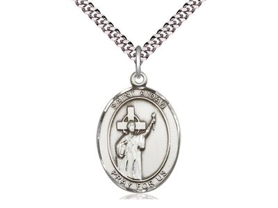 Sterling Silver St Aidan of Lindesfarne Pendant on a 24&quot; Light Rhodium Heavy Curb Chain Disc.