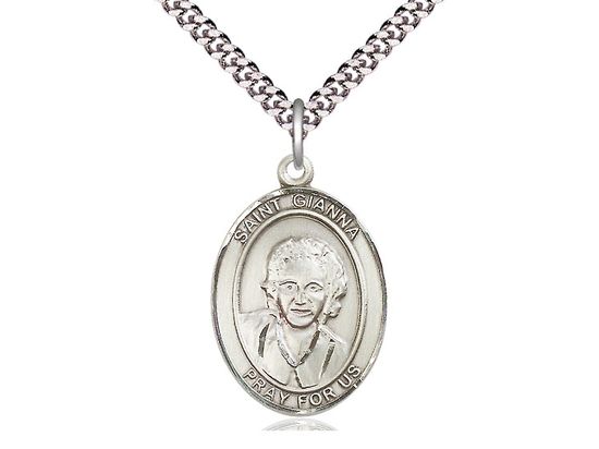 Sterling Silver St. Gianna Pendant on a 24&quot; Light Rhodium Heavy Curb Endless Chain Disc.