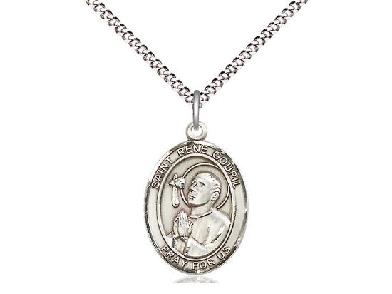 Sterling Silver St. Rene Goupil Pendant on a 18&quot; Light Rhodium Light Curb Chain Disc.