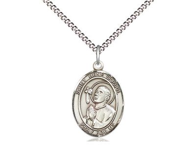 Sterling Silver St. Rene Goupil Pendant on a 18&quot; Light Rhodium Light Curb Chain Disc.