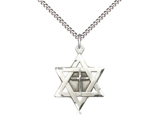 Sterling Silver Star of David w/ Cross Pendant on a 18&quot; Light Rhodium Light Curb Chain