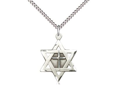 Sterling Silver Star of David w/ Cross Pendant on a 18&quot; Light Rhodium Light Curb Chain