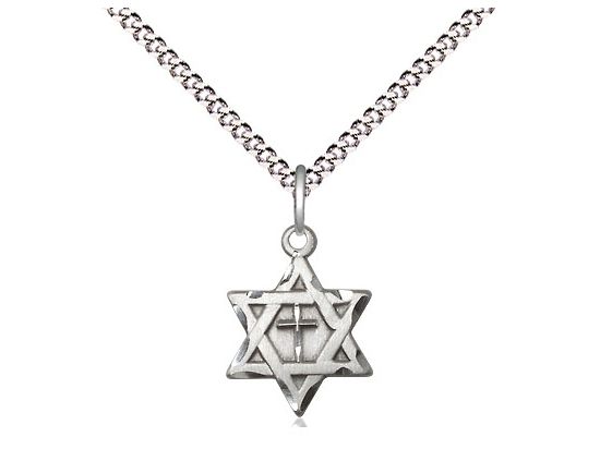 Sterling Silver Star of David w/ Cross on a 18&quot; Light Rhodium Light Curb Chain