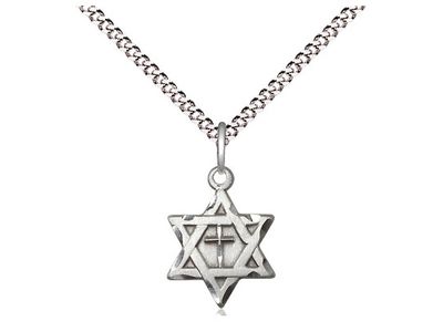 Sterling Silver Star of David w/ Cross on a 18&quot; Light Rhodium Light Curb Chain