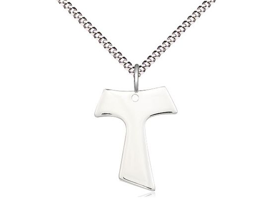 Sterling Silver Tau Cross Pendant on a 18&quot; Light Rhodium Light Curb Chain