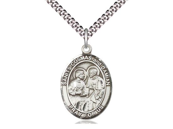 Sterling Silver Sts Cosmas &amp; Damian on a 24&quot; Light Rhodium Heavy Curb Chain Disc.