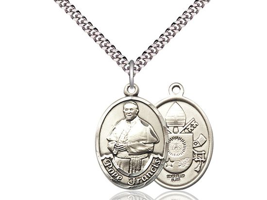 Sterling Silver Pope Francis on a 24&quot; Light Rhodium Heavy Curb Chain