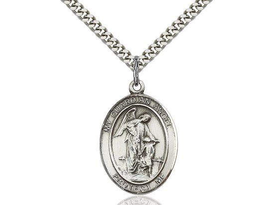 Sterling Silver Guardian Angel Pendant on a 24&quot; Light Rhodium Heavy Curb Chain