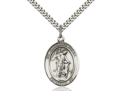 Sterling Silver Guardian Angel Pendant on a 24&quot; Light Rhodium Heavy Curb Chain