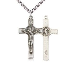 Sterling Silver St Benedict Crucifix on a 24&quot; Light Rhodium Heavy Curb Chain