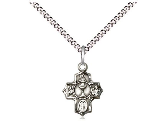Sterling Silver Communion 5-Way Pendant on a 18&quot; Light Rhodium Light Curb Chain