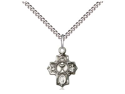 Sterling Silver Communion 5-Way Pendant on a 18&quot; Light Rhodium Light Curb Chain
