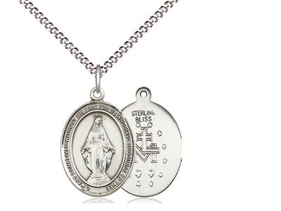 Sterling Silver Miraculous Medal Pendant on a 18&quot; Light Rhodium Curb Chain